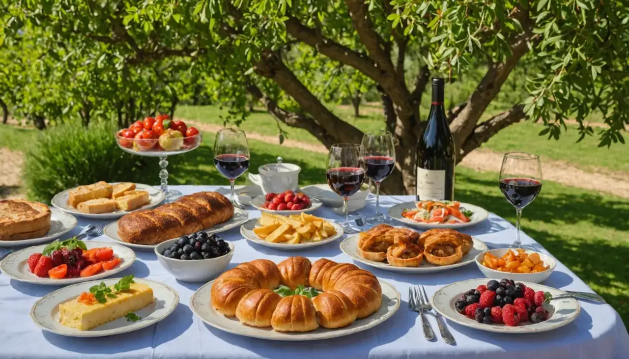 Un festin en plein air : pain, fruits, tartes et vin rouge, une véritable spécialité du Luberon sous les arbres.