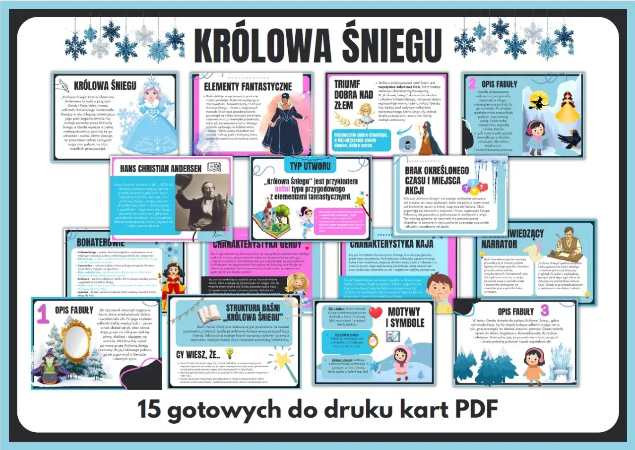 Królowa Śniegu: karty PDF z analizą baśni, postaci i motywów. Odkryj świat Andersena i jego ponadczasowe przesłanie o sile dobra.