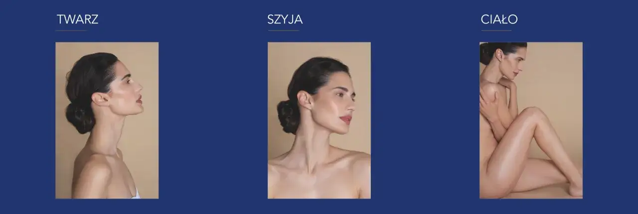 Profil kobiety z widocznymi efektami Profhilo na twarzy, szyi i ciele. Skóra jest wygładzona i nawilżona.
