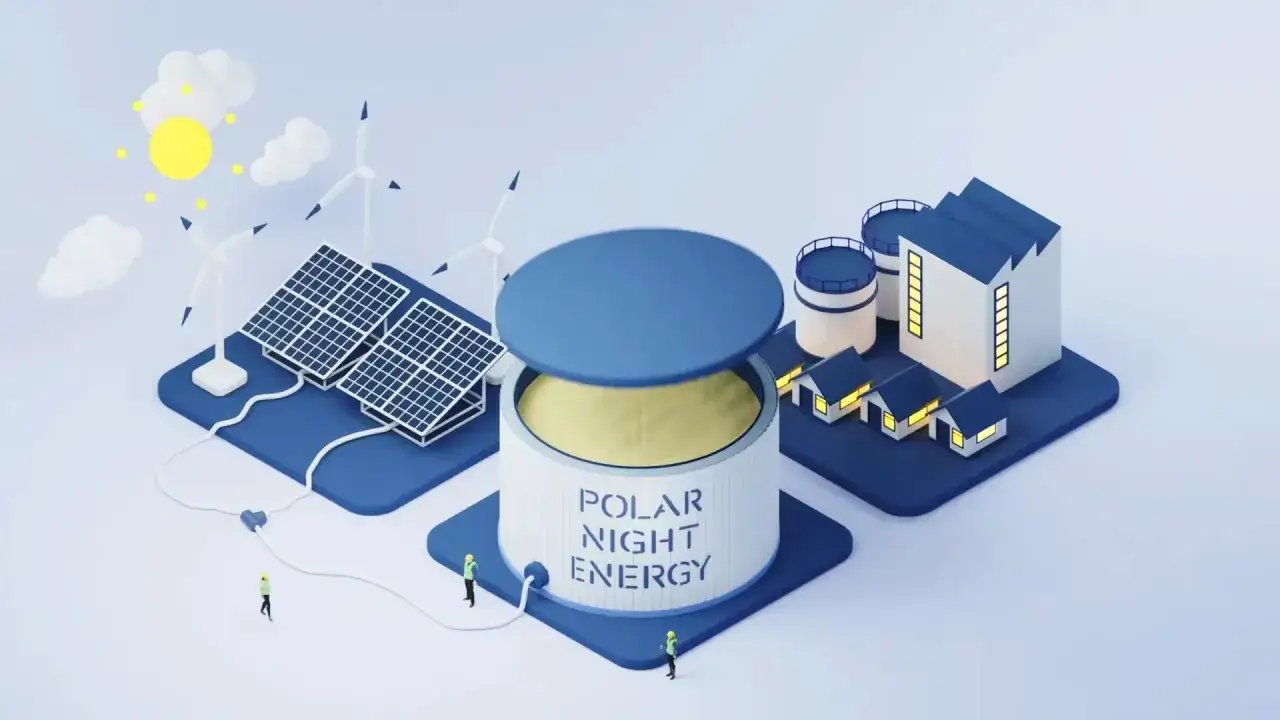 Bateria piaskowa "Polar Night Energy" zasilana przez wiatr i słońce, dostarcza energię do domów i fabryki.