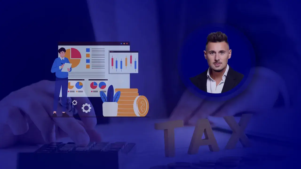 Biznesmen analizuje dane finansowe, stosując kalkulator do obliczeń. Słowo TAX i stos monet sugerują tematykę podatkową, w tym vat-r.