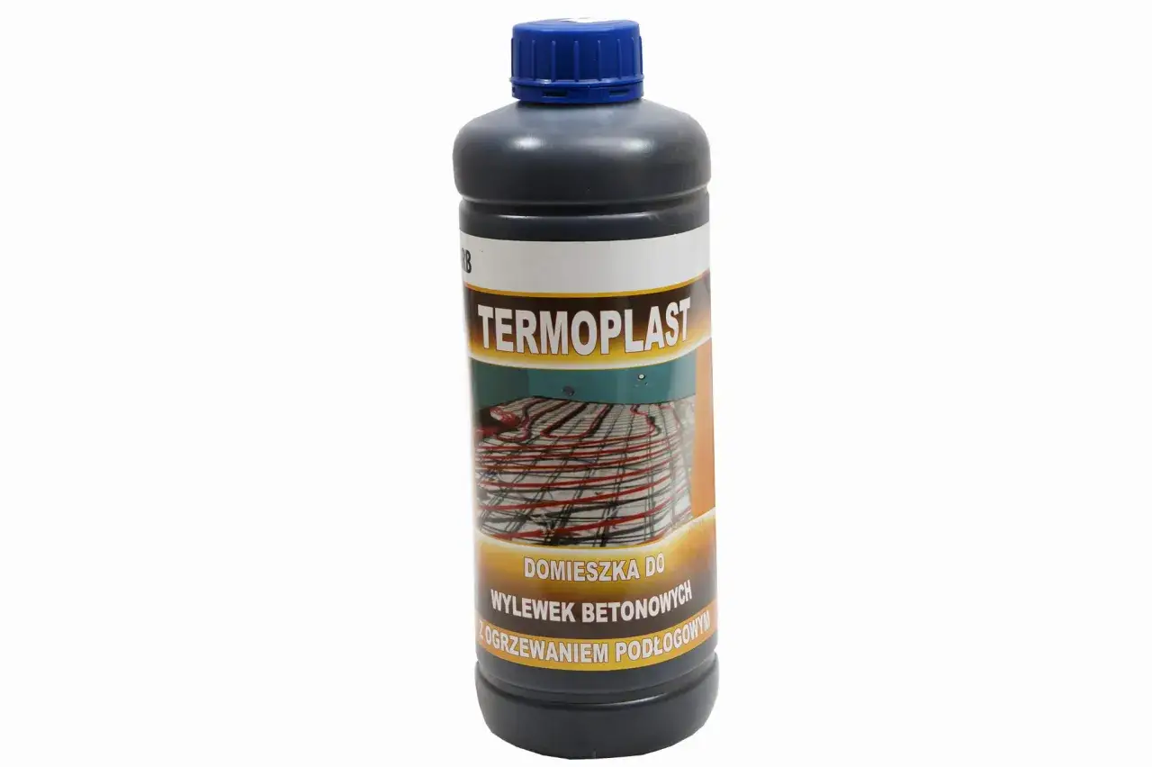 Butelka Termoplast z domieszką do wylewek betonowych z ogrzewaniem podłogowym. Ten plastyfikator poprawia właściwości betonu.