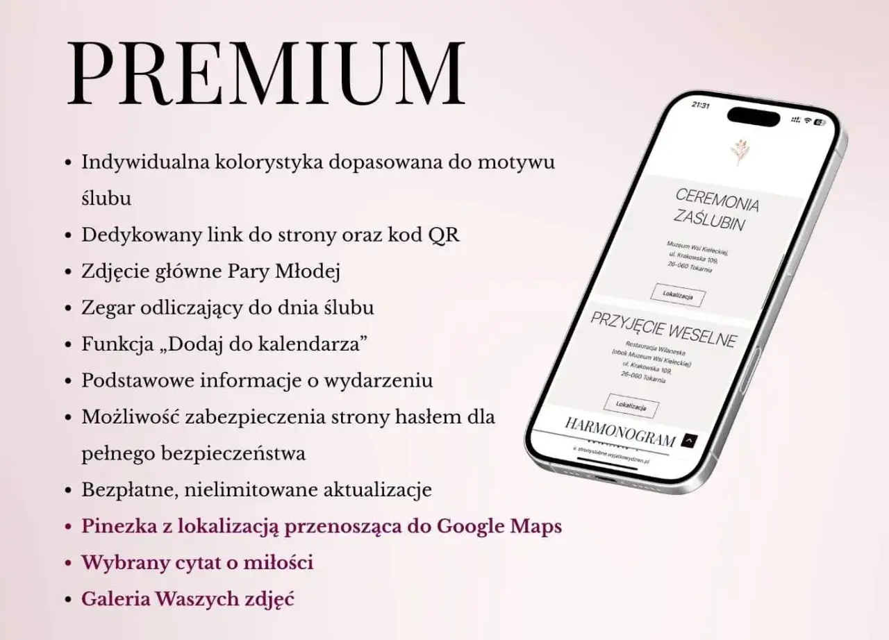 Telefon z wyświetloną stroną ślubną z informacjami o ceremonii i przyjęciu weselnym.