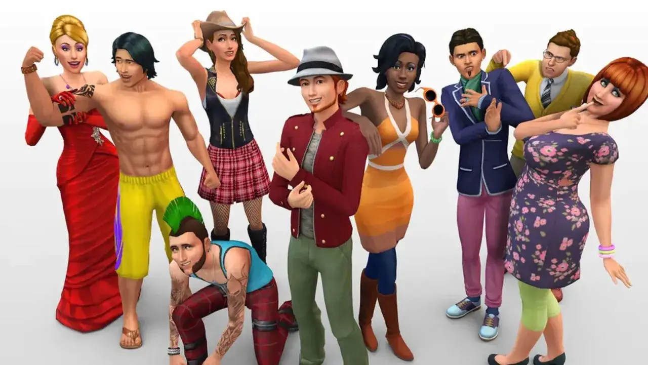 Grupa postaci z gry Sims 4, w tym kobiety w czerwonej sukni i w stroju kowbojki, mężczyźni o wyrzeźbionych ciałach, w marynarkach i z irokezem. Wszyscy wyglądają jakby byli stworzeni przez graczy, którzy lubią simsy 4 mody.
