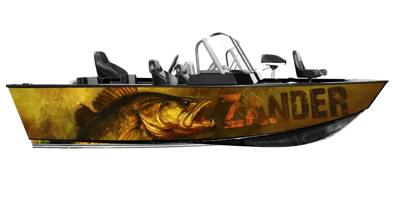Łódź z grafiką drapieżnej ryby i napisem "ZANDER". Idealna dla wędkarzy szukających najlepszych łowisk.