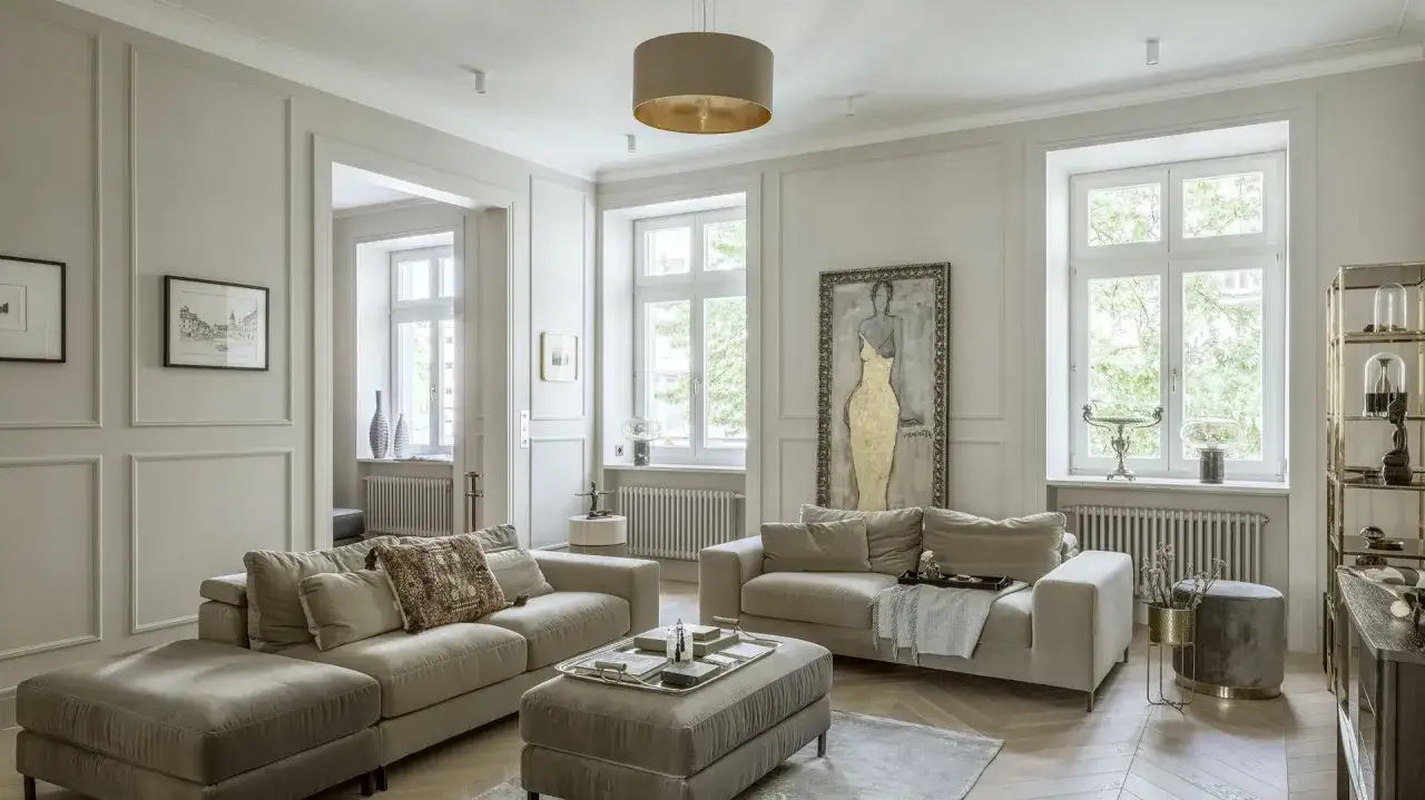 Elegancki salon z dwoma beżowymi sofami, ozdobną sztukaterią na ścianach i dużym obrazem.