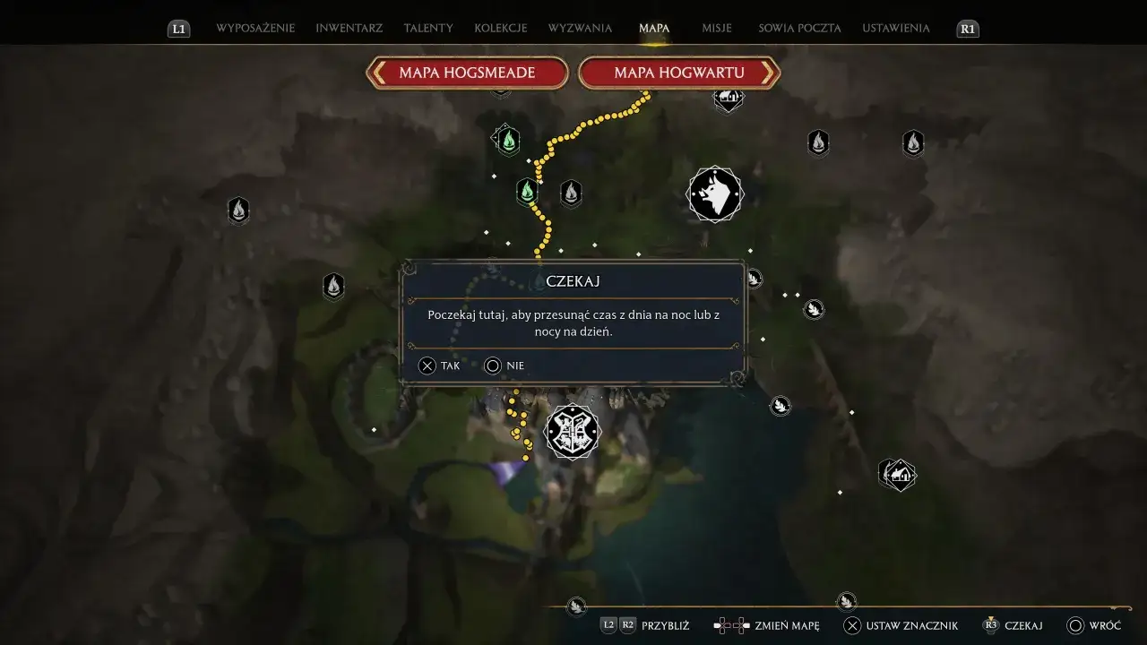 Mapa Hogwartu z opcją "Czekaj", przydatna w **Hogwarts Legacy poradnik**. Pozwala przesunąć czas.