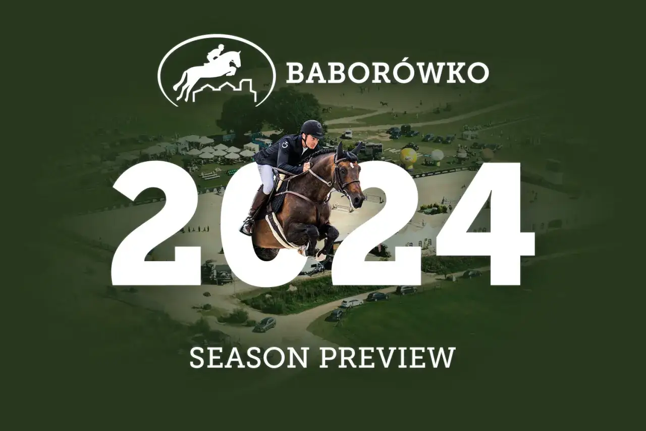 Baborówko zawody konne 2024: sezon w pełni! Skok jeźdźca na koniu nad przeszkodą.