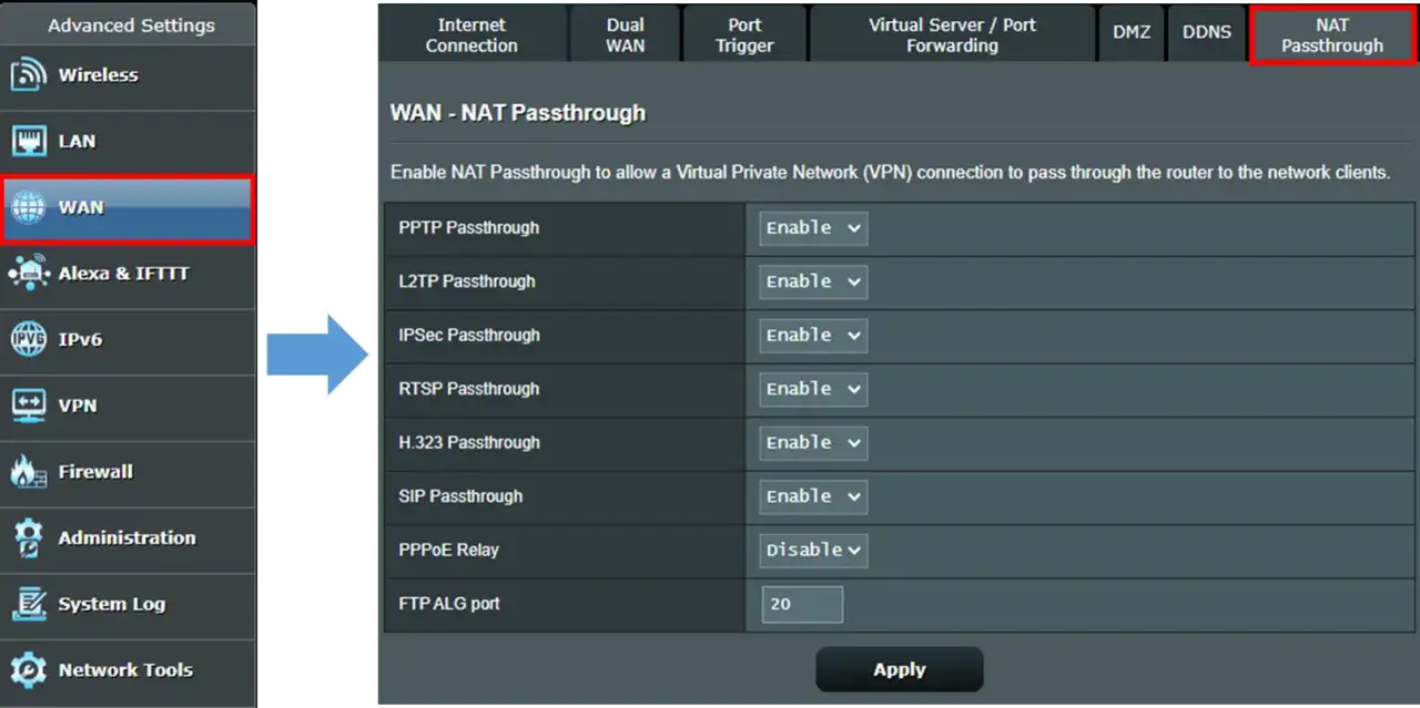 Ustawienia routera: sekcja WAN - NAT Passthrough, opcja PPPoE Relay ustawiona na "Disable".
