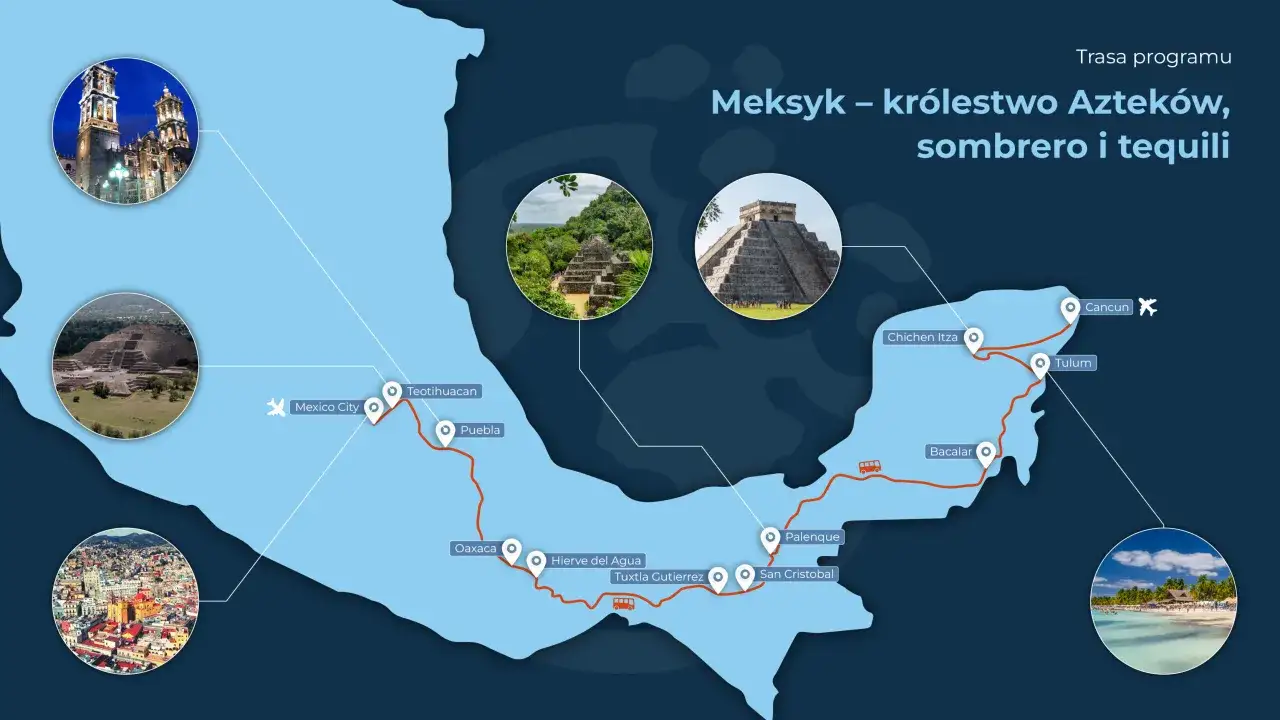 Mapa pokazuje, gdzie leży Meksyk, z zaznaczonymi piramidami, miastami i plażami.