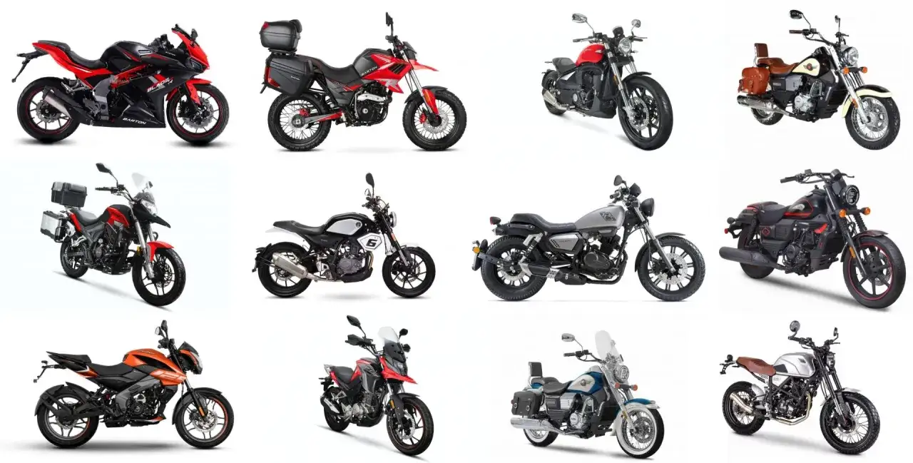 Kolekcja różnorodnych chińskich motocykli: sportowe, turystyczne, klasyczne i terenowe.