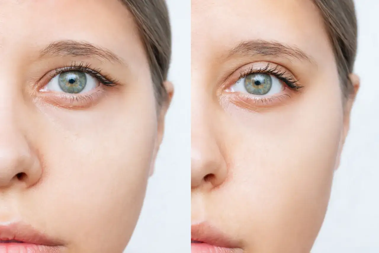 Przed i po zabiegu direct brow lift. Widoczne uniesienie brwi, odmłodzenie spojrzenia.