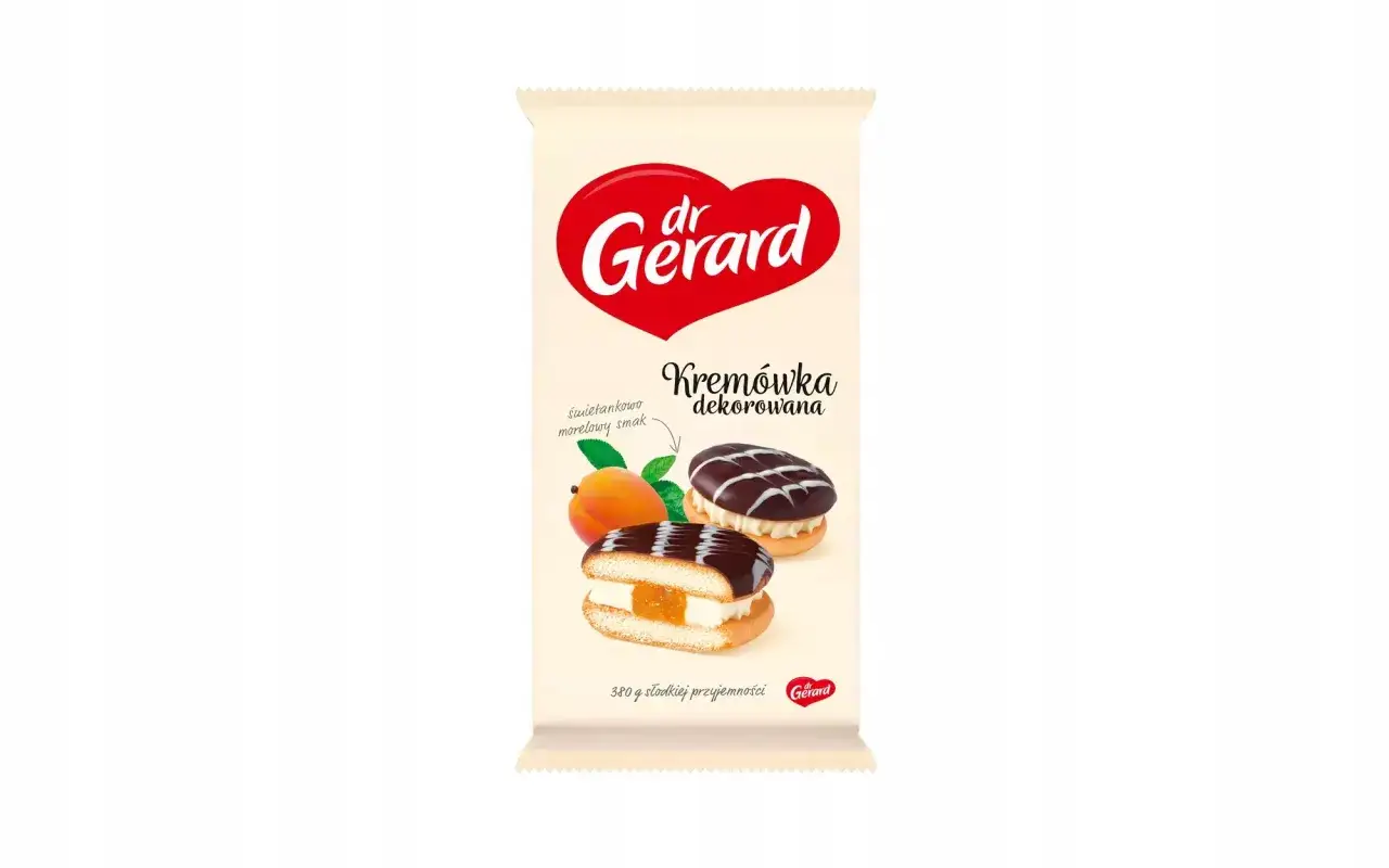Opakowanie ciastek Dr Gerard Kremówka dekorowana z morelą i kremem.