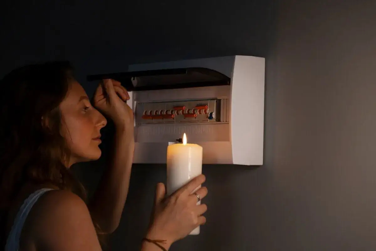Kobieta z zapaloną świecą przy skrzynce z bezpiecznikami. Czy to black out?