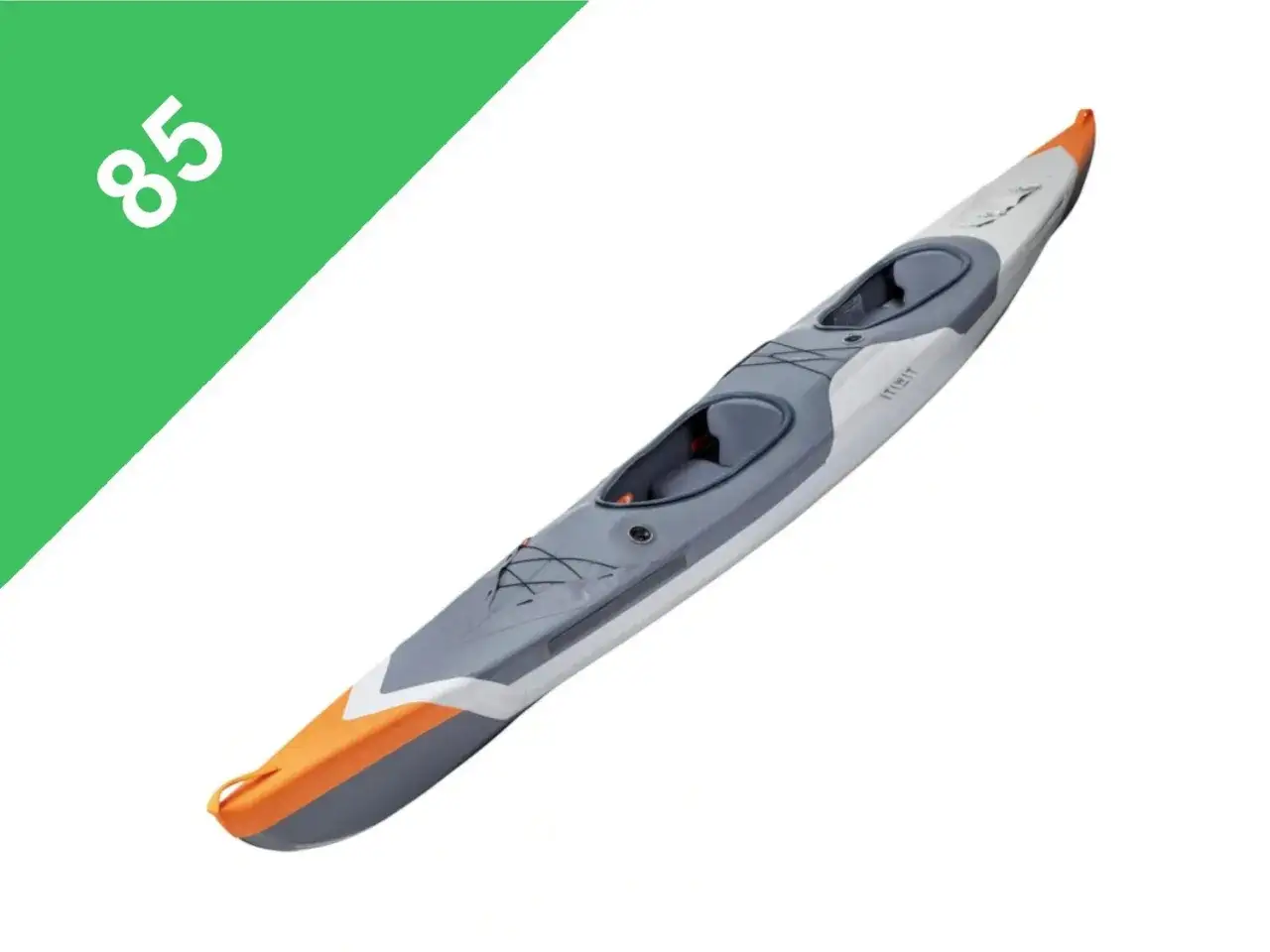 Zwei-Personen-Kajak itiwit x500 in Grau und Orange, bereit für Abenteuer auf dem Wasser.