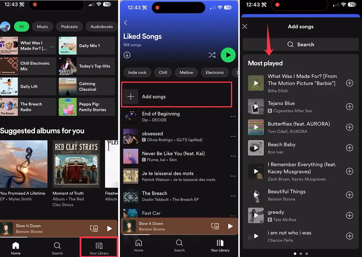Ekran aplikacji Spotify z listą utworów i przyciskiem "Dodaj utwory".