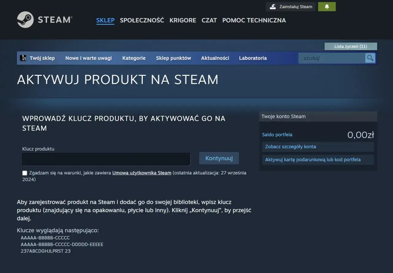 Strona aktywacji produktu na Steam z polem do wpisania klucza gry i przyciskiem "Kontynuuj".