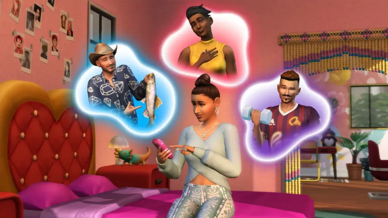 Sims 4 aktualizacje: dziewczyna myśli o randkach z różnymi Simami, jeden z wędką, drugi z hantlem, a trzecia Simka w żółtej bluzce.