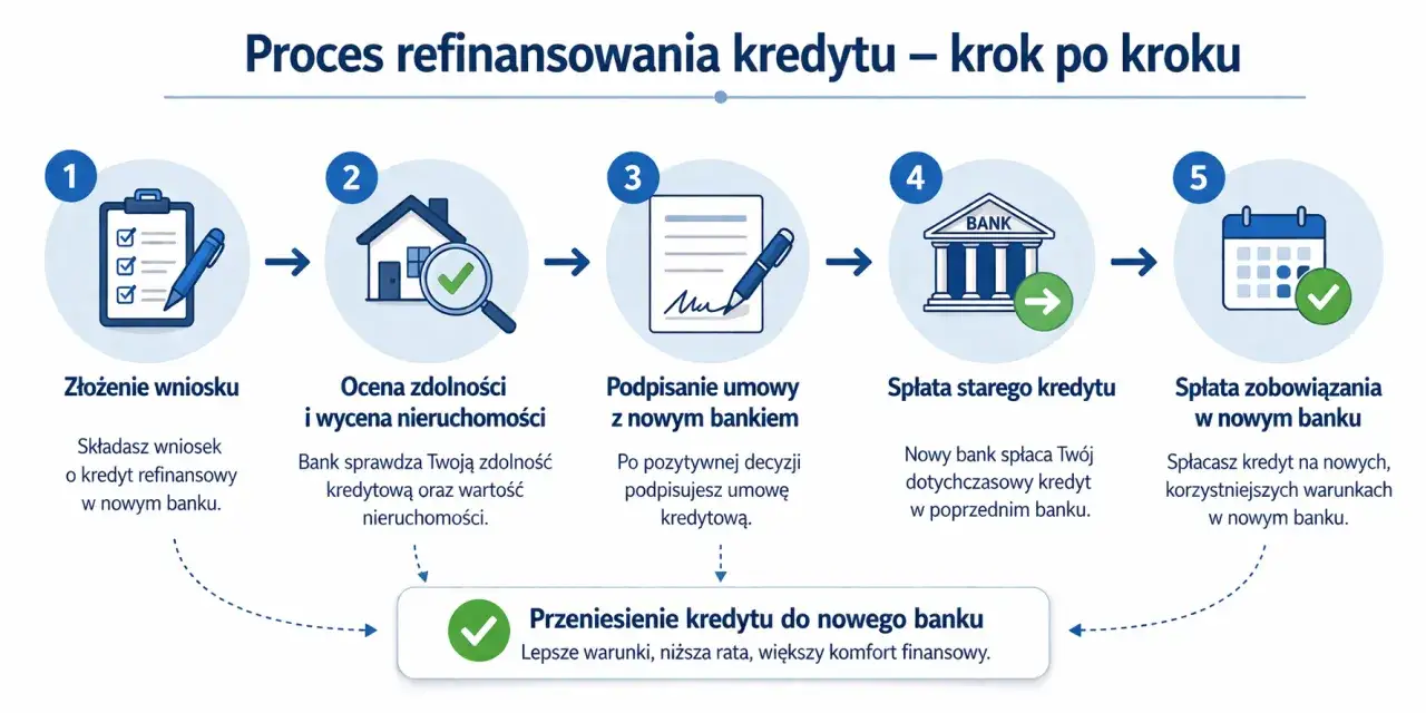 Proces przeniesienia kredytu hipotecznego: złożenie wniosku, ocena zdolności, podpisanie umowy, spłata starego kredytu i zobowiązania w nowym banku.