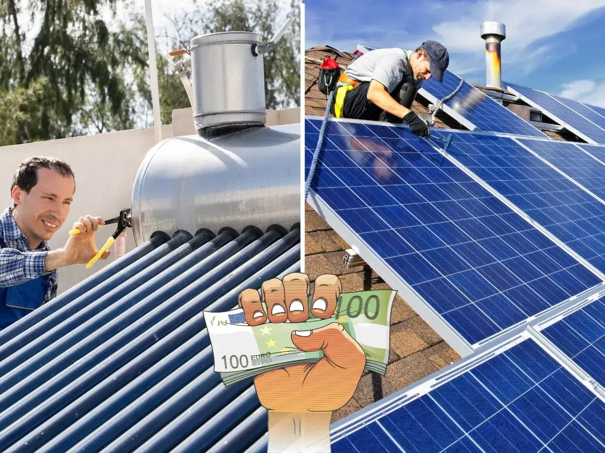 Installation de panneaux solaires et chauffe-eau, avec une main tenant des billets de 100 euros.