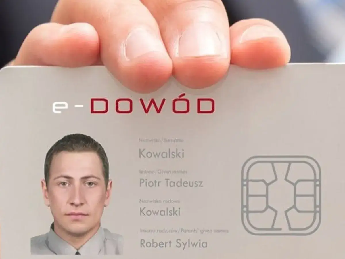e-Dowód to polski elektroniczny dowód osobisty. Na zdjęciu widać fragment karty z danymi i zdjęciem.