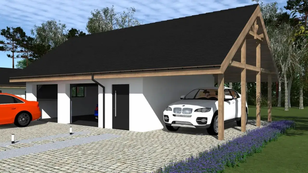 Nowoczesny garaż blaszak z wiatą, gdzie białe BMW stoi pod drewnianą konstrukcją, a obok pomarańczowy samochód.