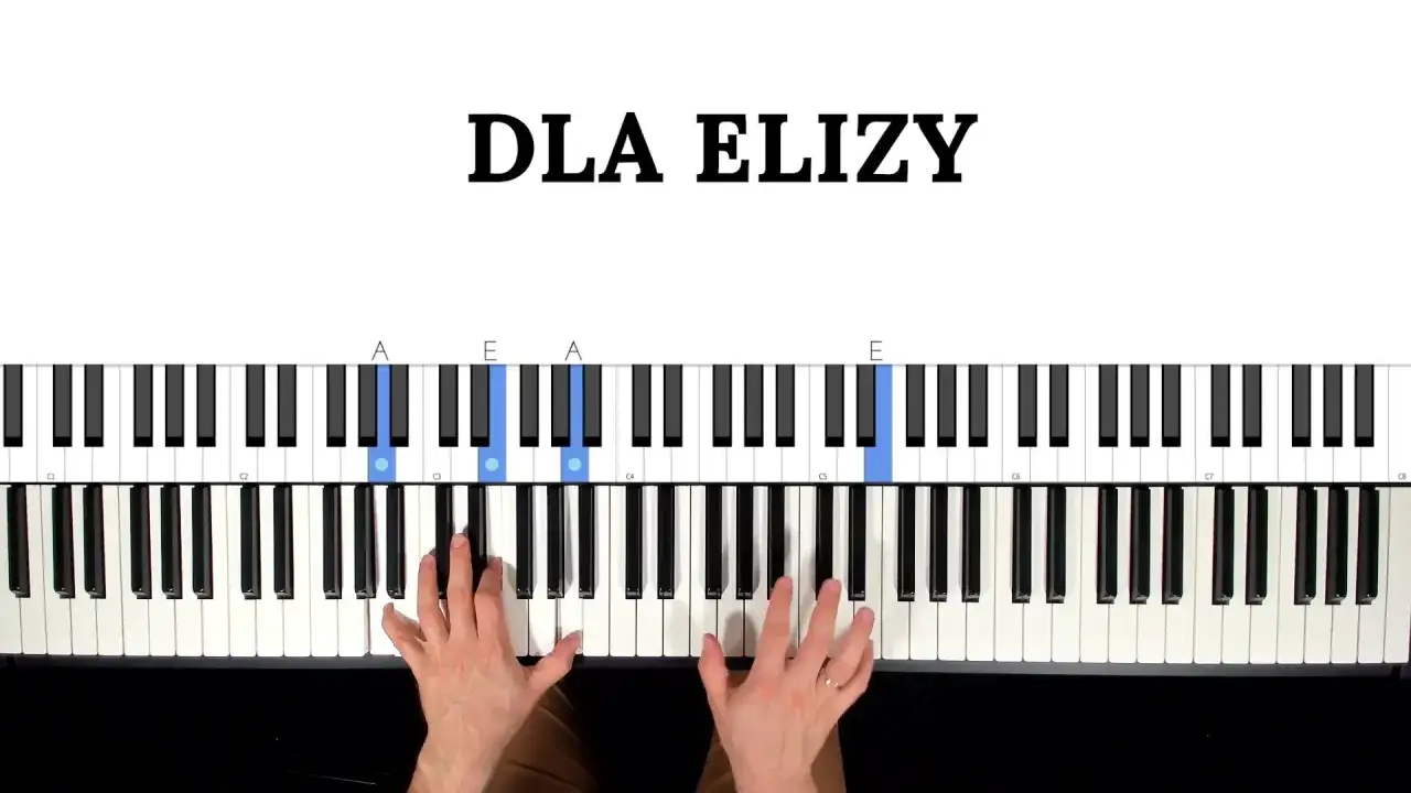 Nauka gry na keyboardzie: fragment "Dla Elizy" z podświetlonymi klawiszami A i E. Dłonie ćwiczą akordy.