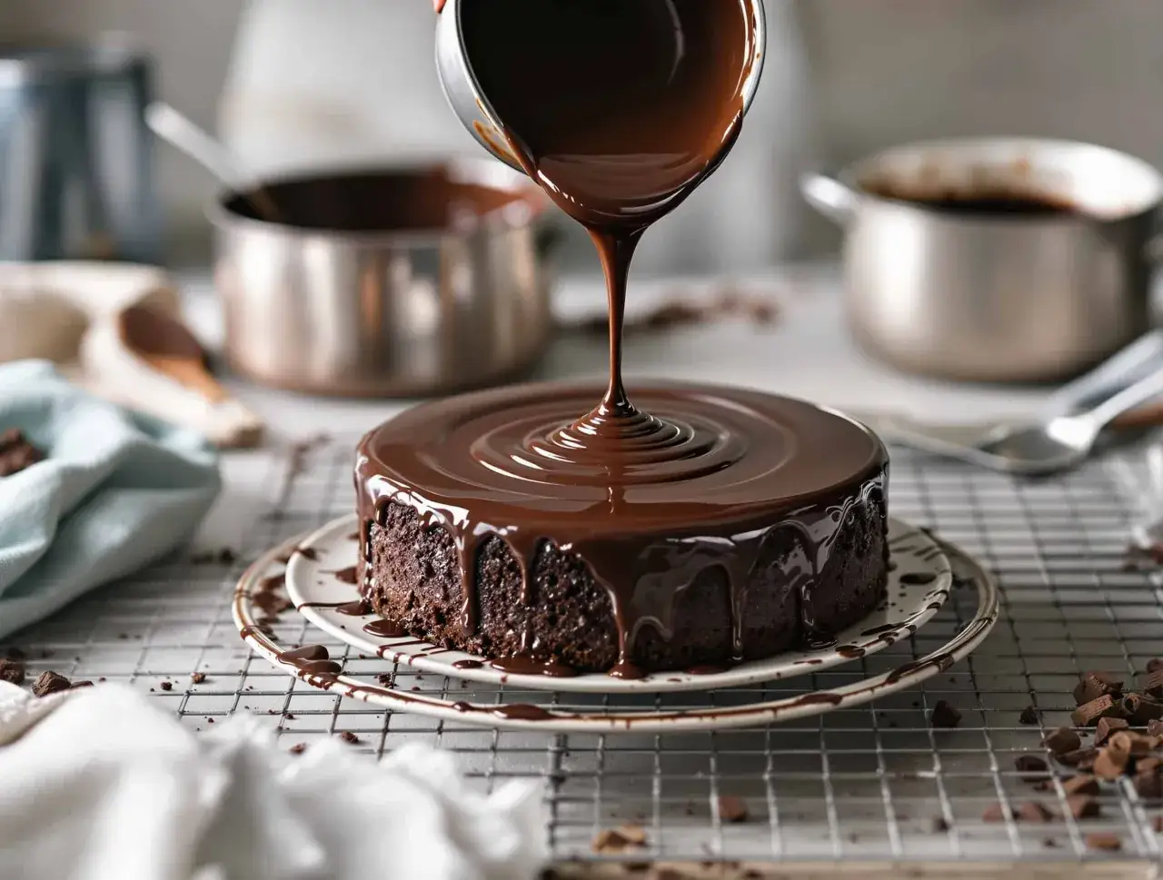 Un gâteau au chocolat moelleux reçoit le meilleur glaçage au chocolat, coulant sur les côtés.