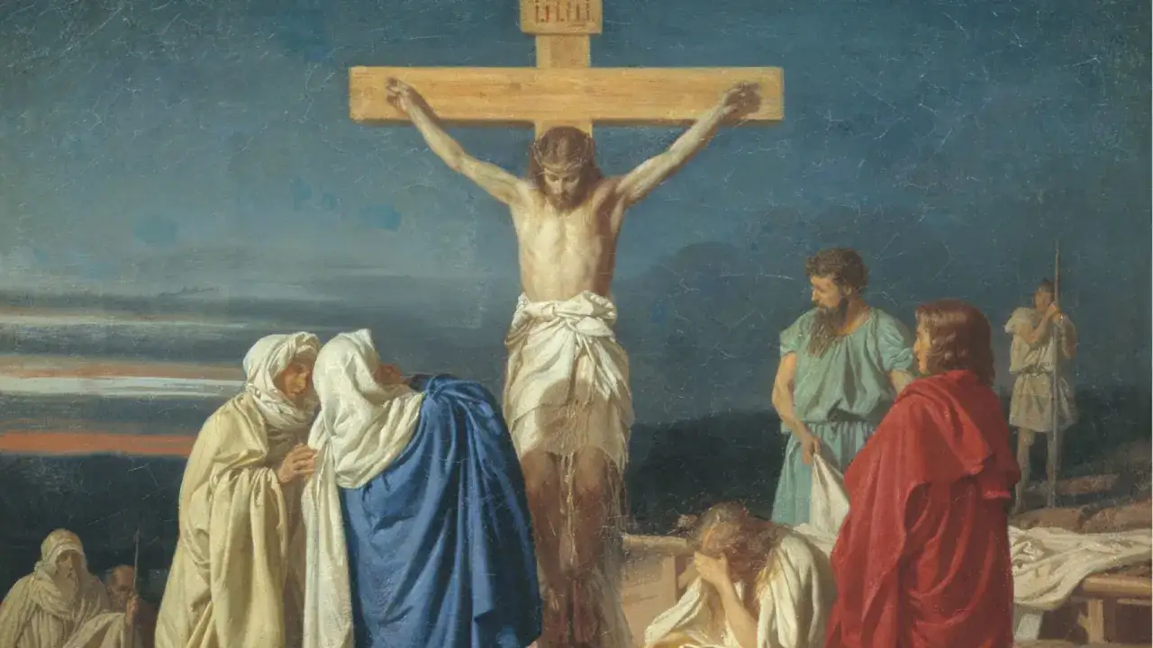 Scena ukrzyżowania Jezusa, nawiązująca do psalm 9. Wokół krzyża zgromadzone postacie, w tym Matka Boska i żołnierze.