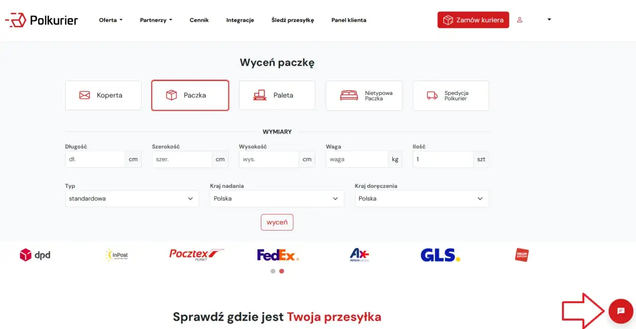 Formularz wyceny paczki na stronie Polkurier z polami na wymiary, wagę i kraj nadania/doręczenia.