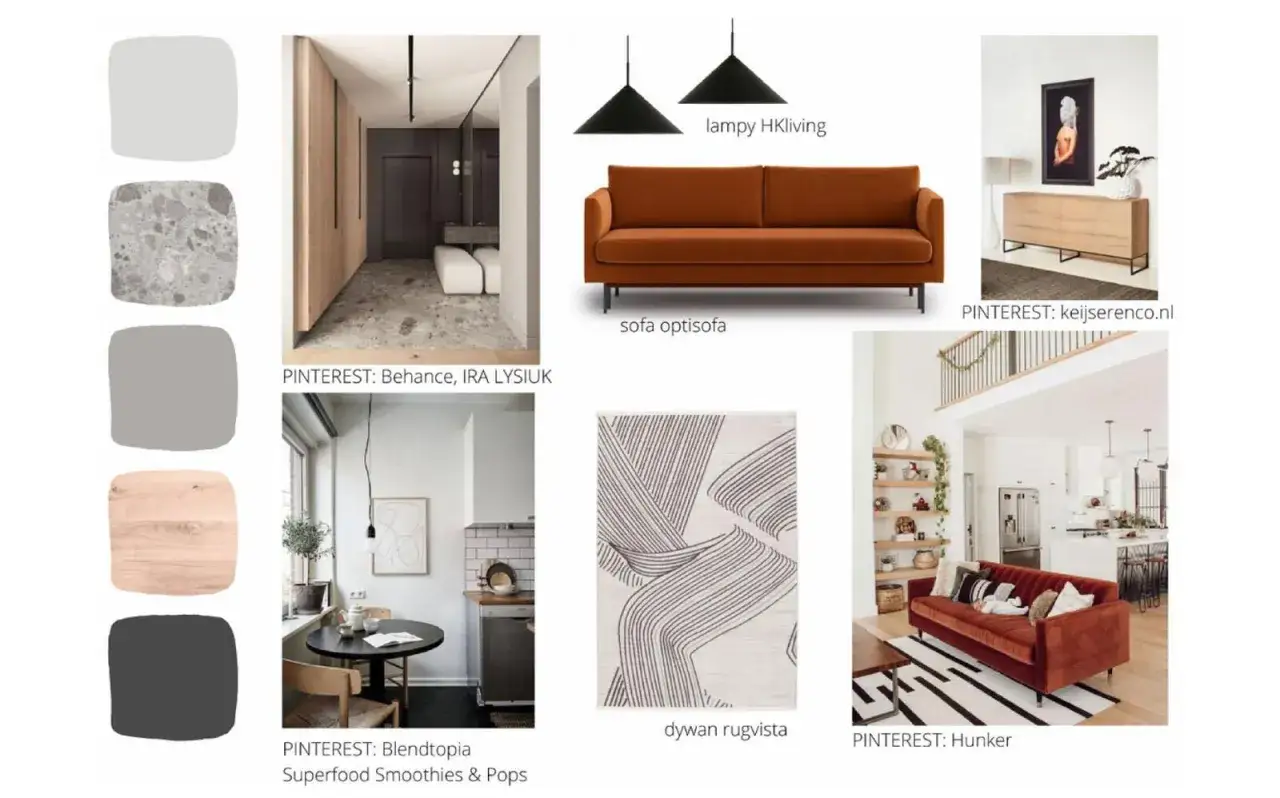 Inspirujący moodboard wnętrzarski: paleta kolorów, nowoczesna sofa, lampy, dywan i aranżacje.