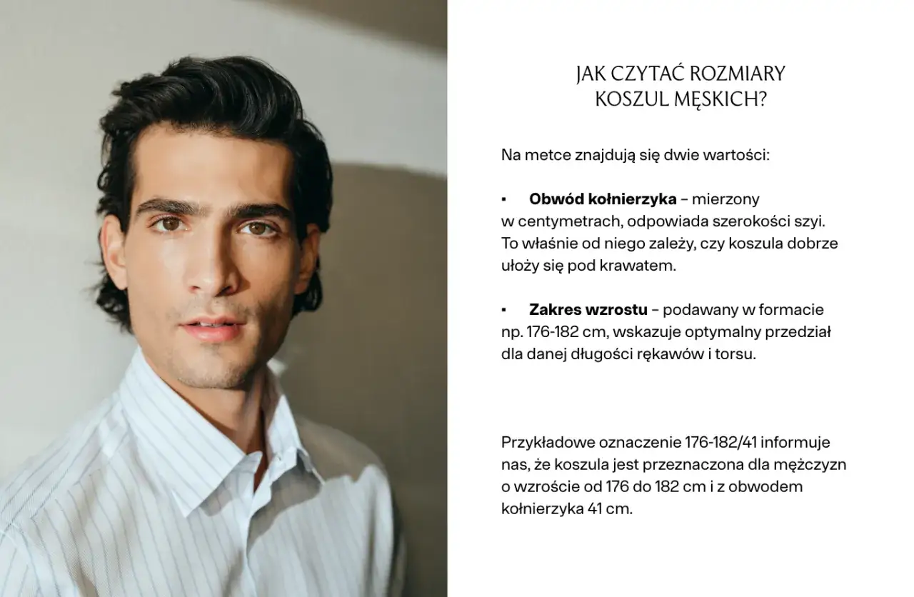 Mężczyzna w koszuli w paski. Tekst wyjaśnia, jak zmierzyć koszulę męską, podając obwód kołnierzyka i zakres wzrostu.