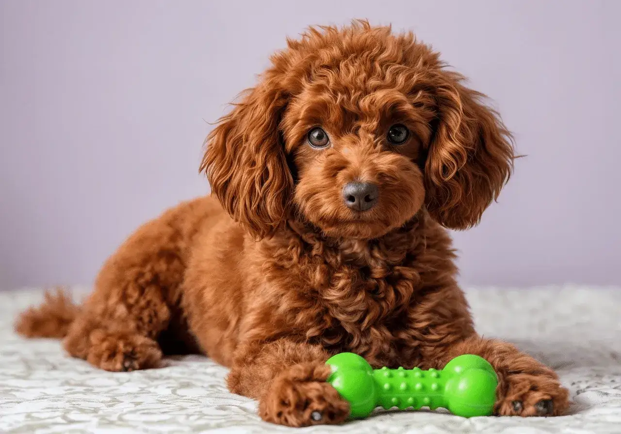 Un adorable caniche toy rojo adulto descansa con su juguete verde favorito.