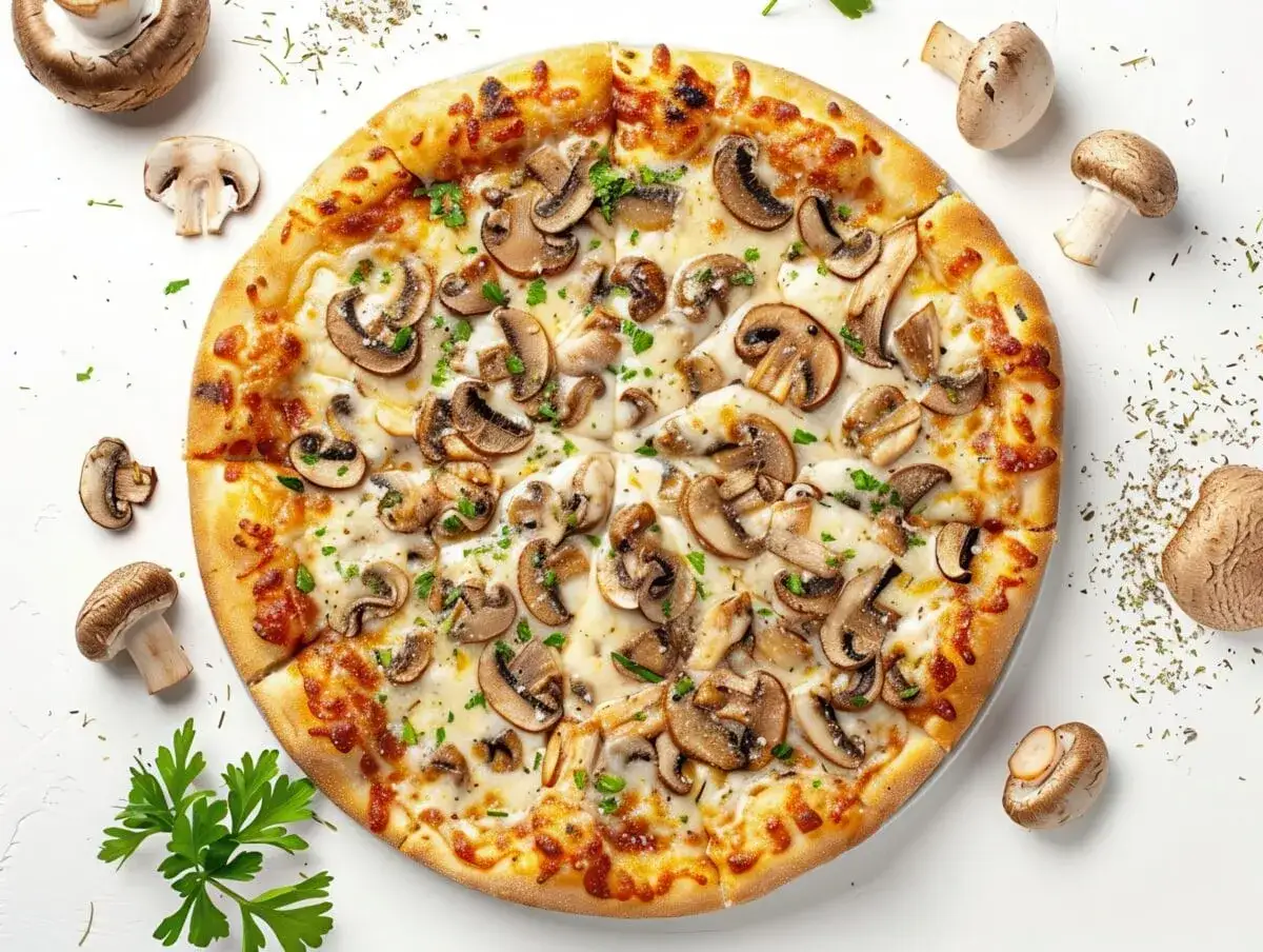 Pizza z pieczarkami i serem, otoczona świeżymi pieczarkami i ziołami.