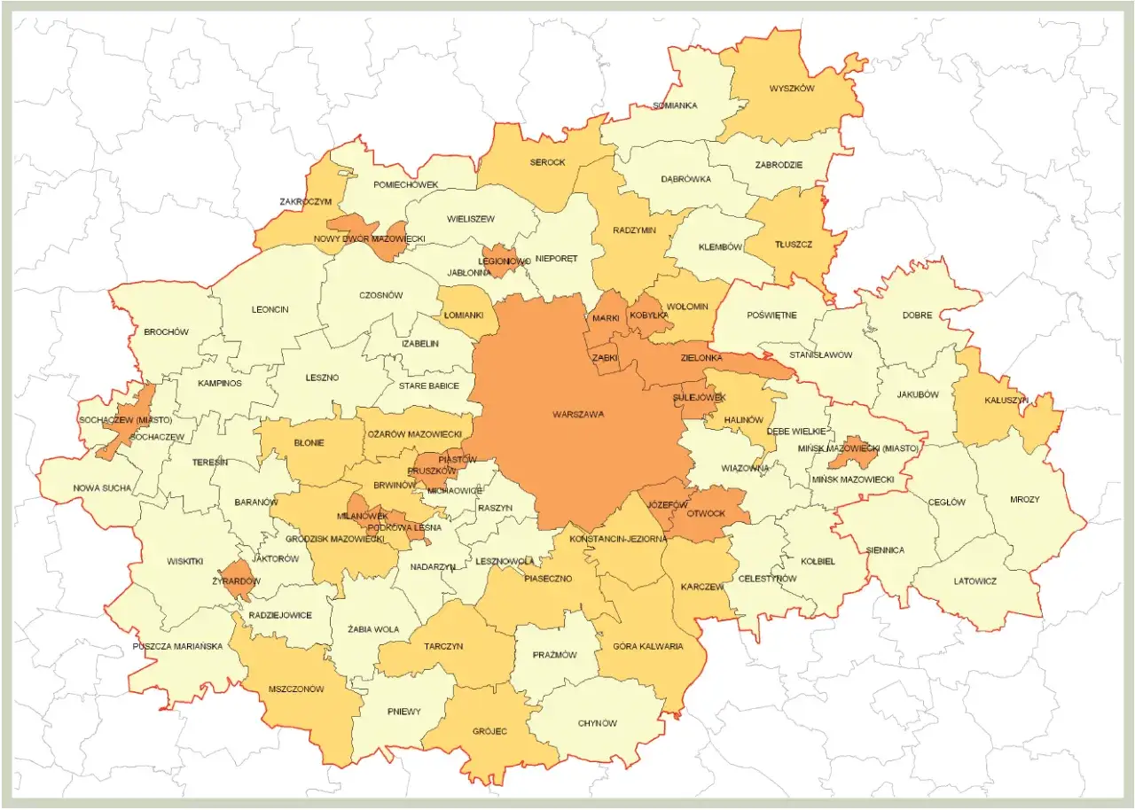 Plan zagospodarowania przestrzennego Warszawy i okolic, z zaznaczonymi gminami i ich granicami.