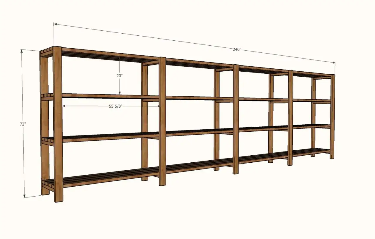 Projekt drewnianego regału do garażu: 72" wysokości, 240" długości, 20" głębokości półek.