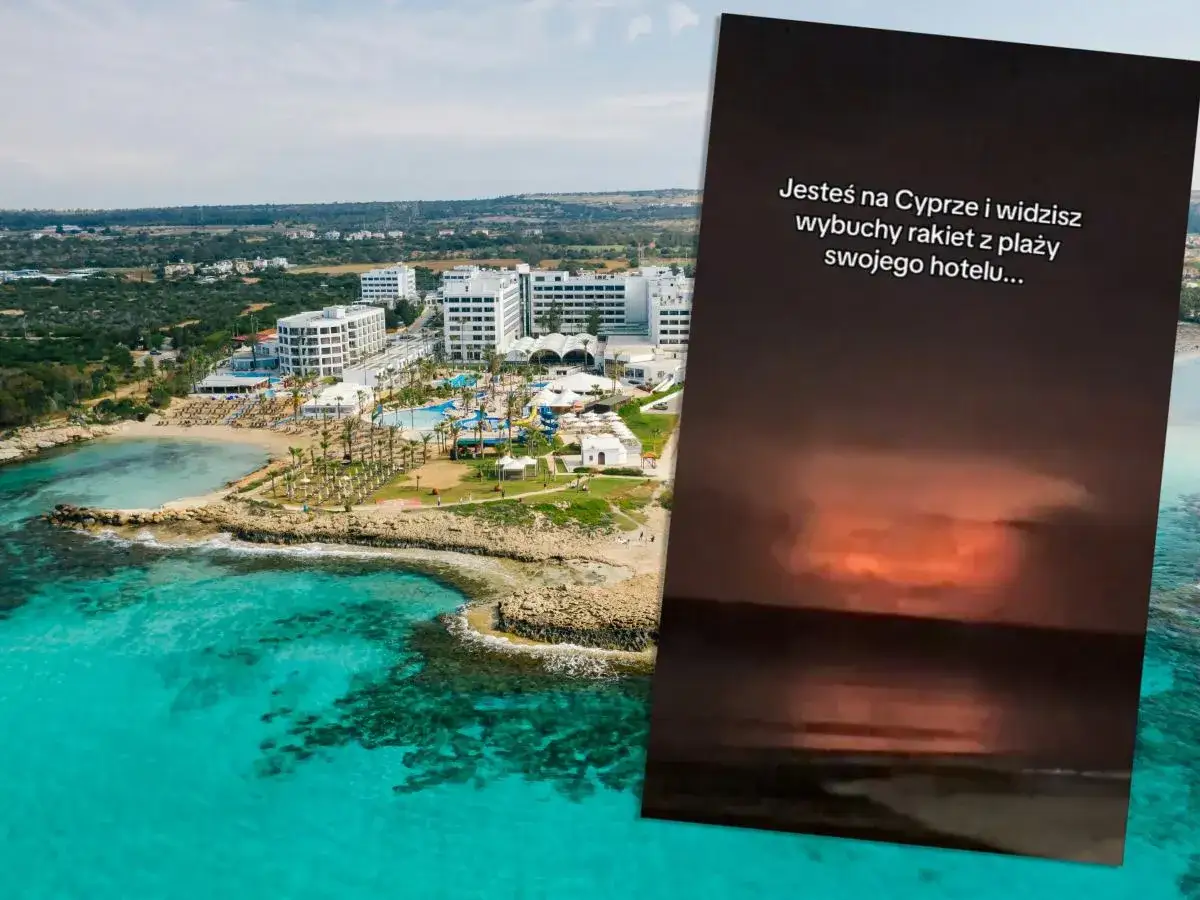 Widok na hotel z basenami i plażą na Cyprze. Na zdjęciu widać też wybuchy rakiet, co rodzi pytanie: czy Cypr jest bezpieczny?