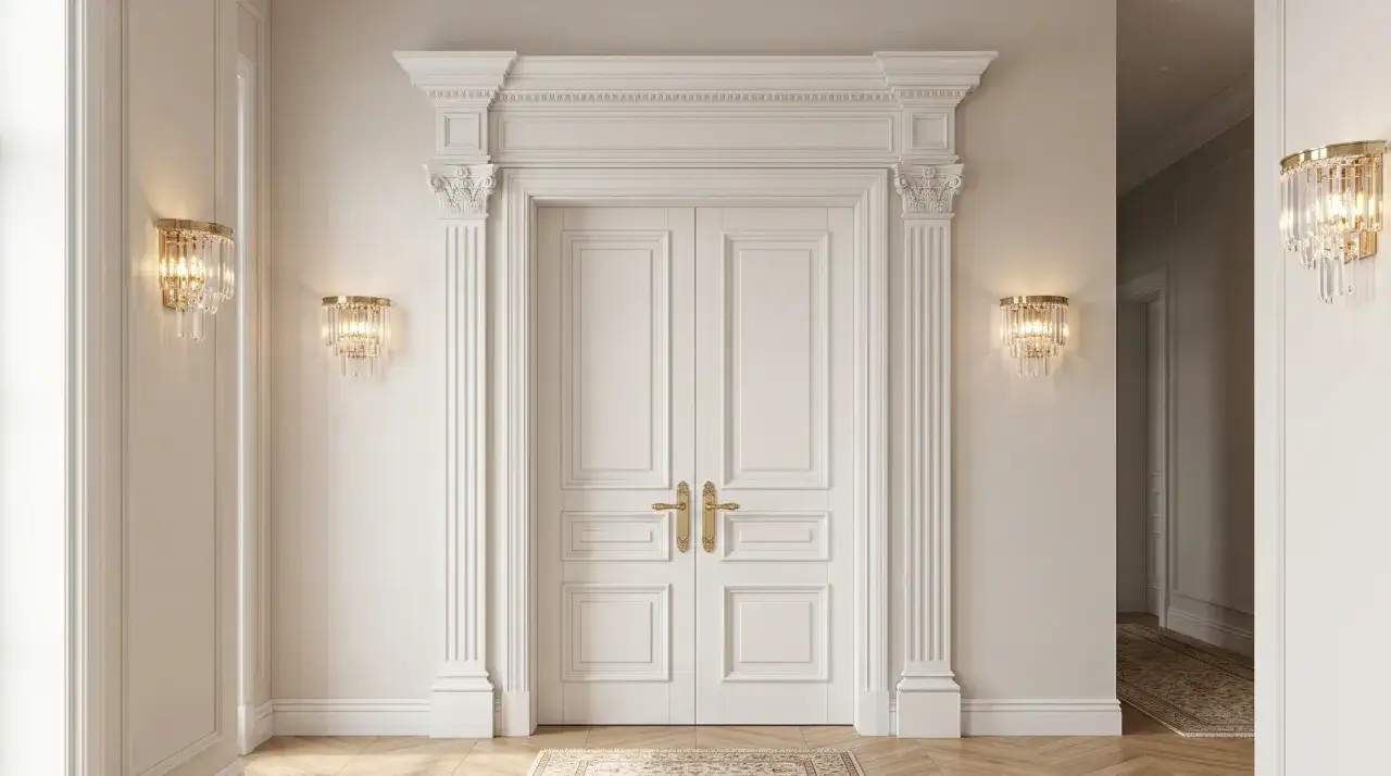 Elegancka sztukateria w sypialni zdobi dwuskrzydłowe drzwi, podkreślając klasyczny styl wnętrza.