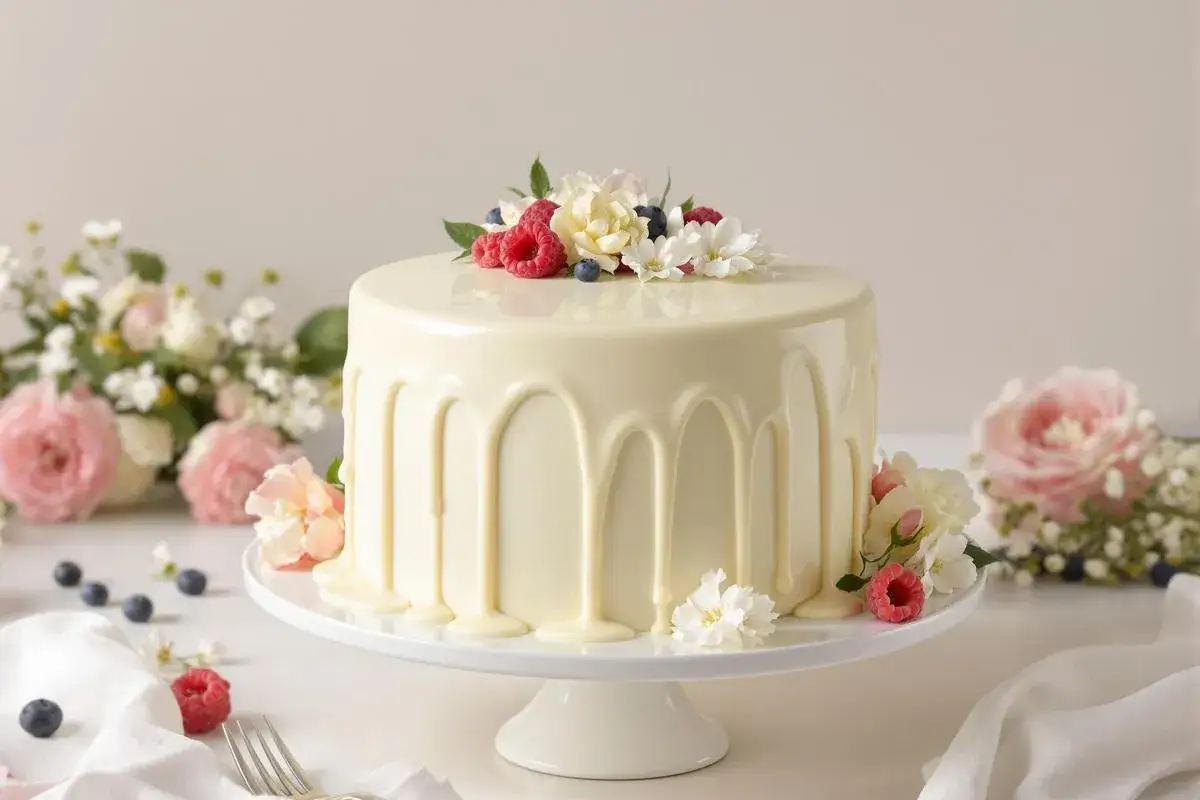 Gâteau élégant avec un glaçage sans chocolat blanc, décoré de fruits rouges, de baies et de fleurs fraîches.