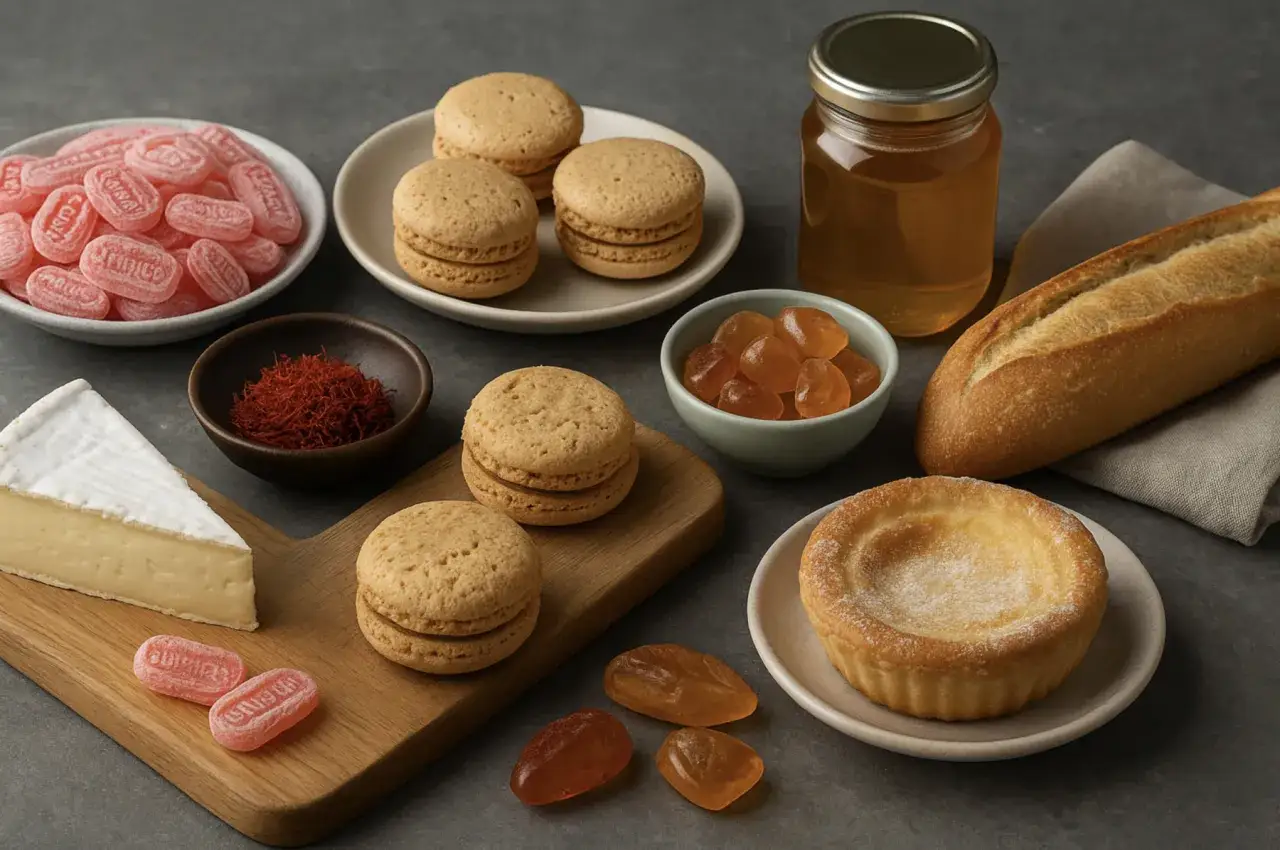 Douceurs et fromages, un aperçu de la spécialité culinaire parisienne : macarons, bonbons, miel, pain, camembert et tartelette.