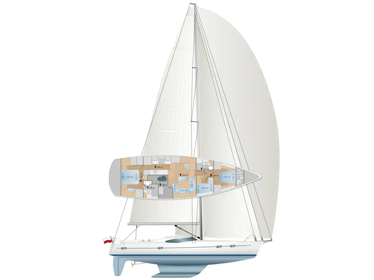 Grundriss einer Segelyacht von Kraken Yachts mit detaillierten Innenmaßen und Ansicht des Rumpfes mit Segeln.
