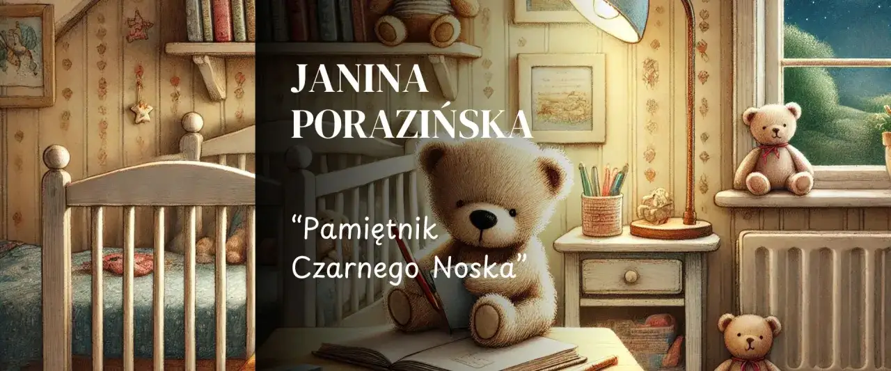 Miś pisze w pamiętniku "Pamiętnik Czarnego Noska". W tle łóżeczko i półka z książkami.