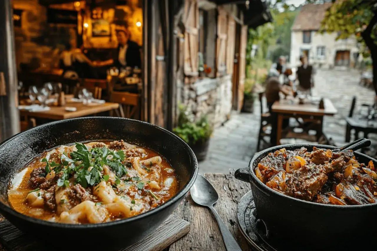 Deux plats savoureux, dont une spécialité de l'Auvergne, sur une table en bois devant un restaurant rustique.