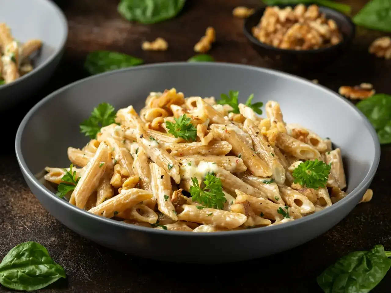 Penne z kremowym sosem, szpinakiem, orzechami i gorgonzolą, udekorowane natką pietruszki. Pyszne danie, które zachwyci każdego.