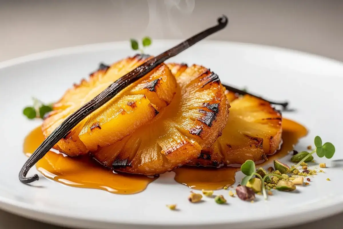 Ananas rôti à la poêle, caramélisé et fumant, garni d'une gousse de vanille et de pistaches concassées. Un délice visuel et gustatif.