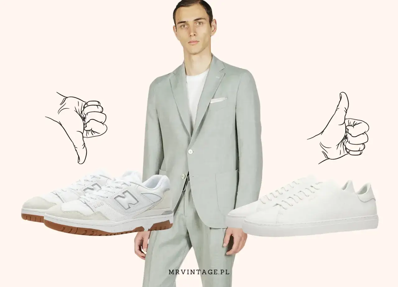 Stylizacja z marynarką i sneakersami. Po lewej sportowe, po prawej eleganckie. Kciuk w górę dla tych drugich.