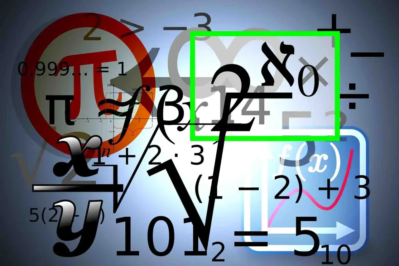 Tło z matematycznymi symbolami i równaniami, w tym grecką literą Pi i symbolem alef.
