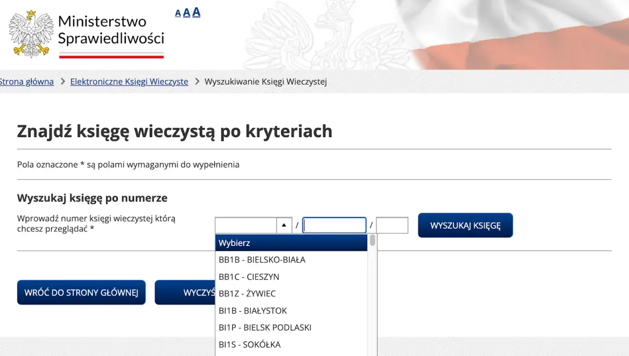 Formularz wyszukiwania księgi wieczystej. Można tu wprowadzić numer księgi, aby znaleźć informacje o nieruchomości.