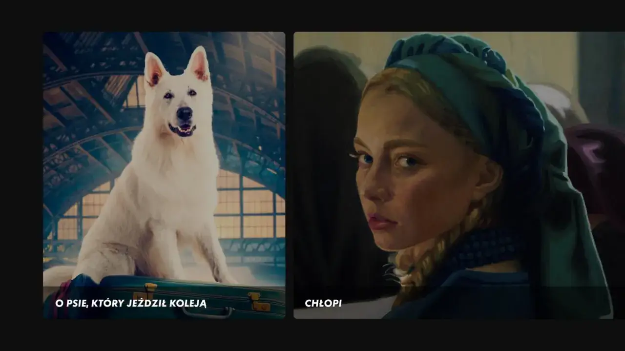 Biały pies na walizce i portret dziewczyny w chustce. Dwa kadry z polskich klasyków filmowych.