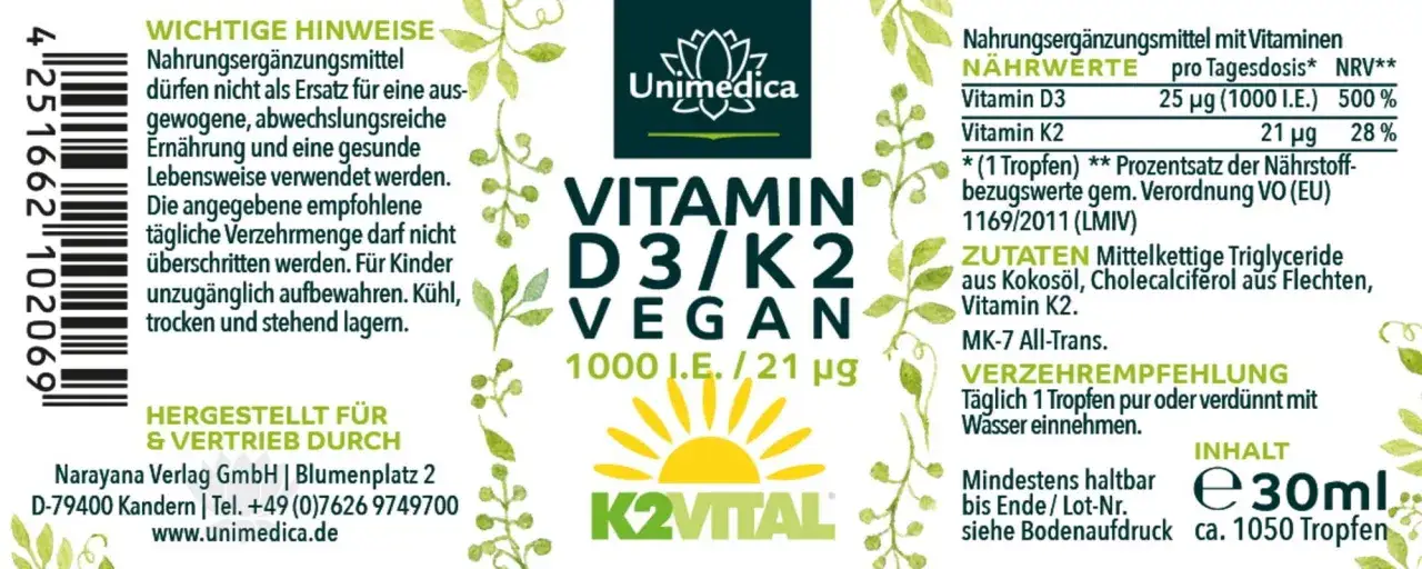 Flasche mit veganem Vitamin D3/K2, Sonnen- und Blattmotiv, Nährwertangaben.